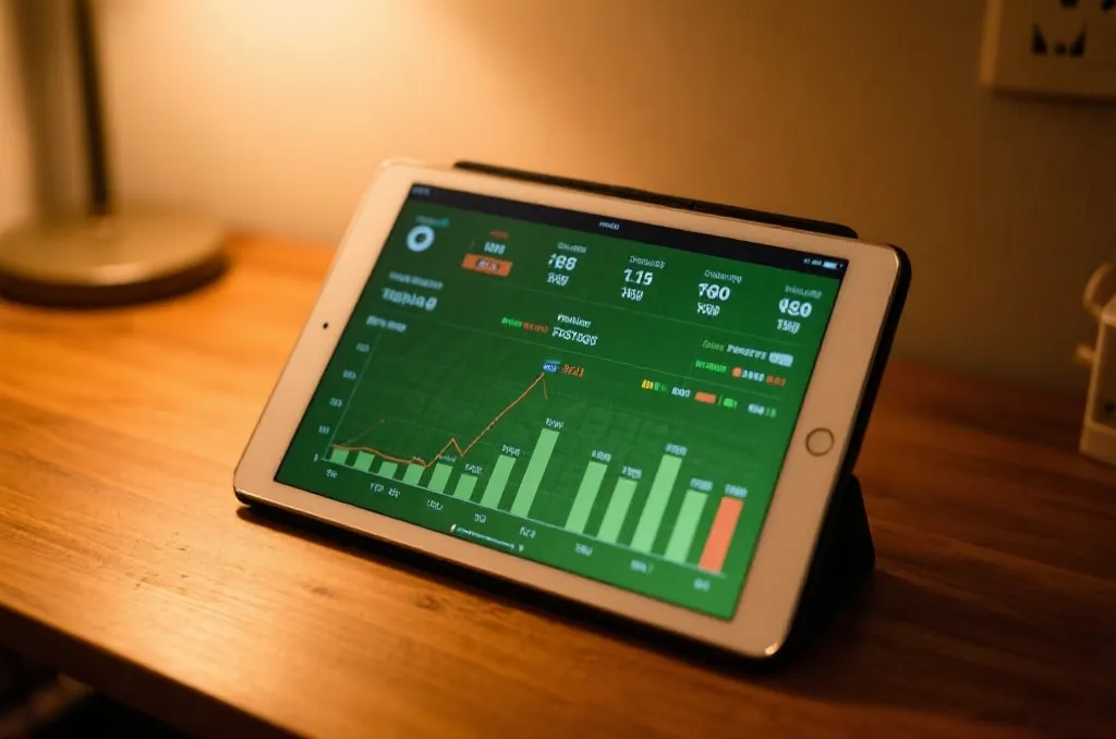 A tablet displaying soccer match statistics and probability analysis with clear data charts on a wooden desk